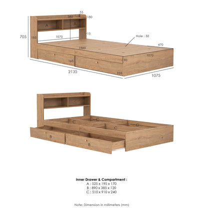 2 Drawers Storage Oak Super Single Bed